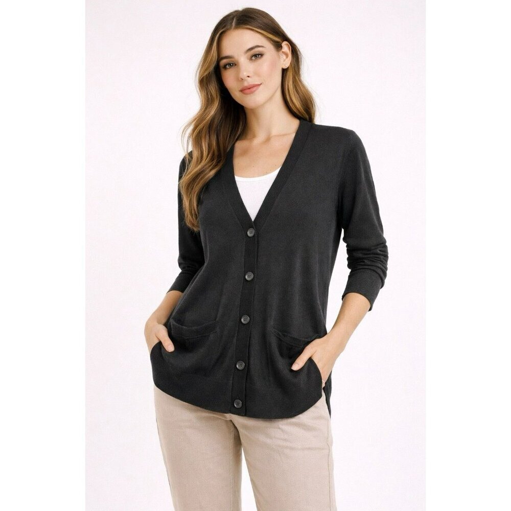 Ann Taylor LOFT Women's Black V-Neck Lightweight Button Cardigan Sweater, M